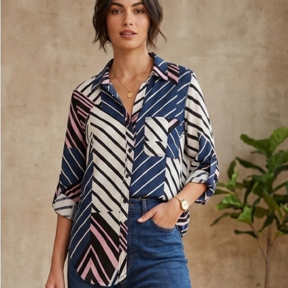 Velvet Heart Patchwork Striped Tab Sleeve Blouse Rayon L Blue Pink Black